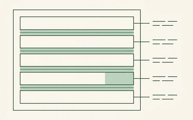 Annotated listing skeleton with labelled fields for name, score, area tags and re-checked date